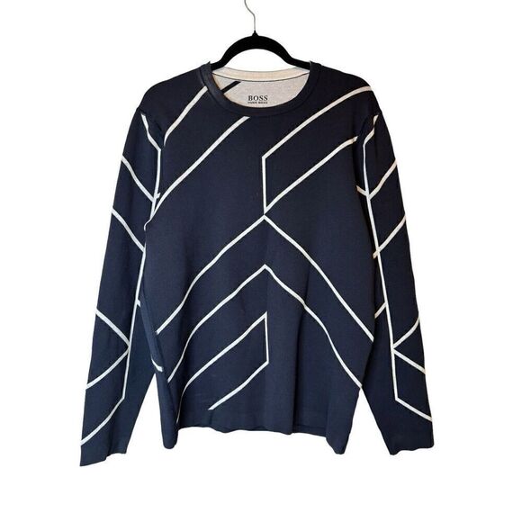 Hugo Boss Men's Black White Rone Cotton Blend Sweater Striped Logo Size M - Picture 3 of 6